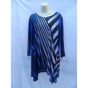 Chicos Travelers Size 3 Sheer Blue Stripe Handkerchief Hem Top/Tunic Long Sleeve